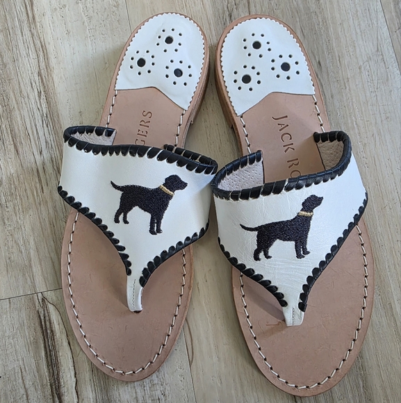 Jack Rogers Black Lab Embroidered Sandals Low Heel Thong Exclusive 6.5M - Picture 1 of 8